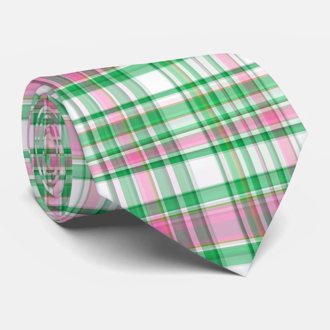 Cravate Vert émeraude, Rose Chaud, Madras blanc Preppy Pla (Roulé)