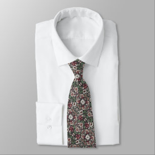 Cravate Vert foncé, Vin, Motif Floral noir & blanc