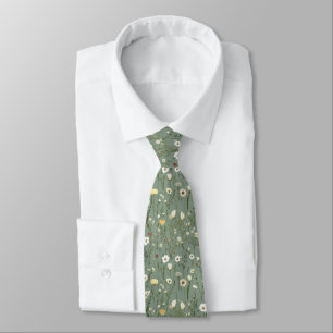 Cravate Vert sauge jaune fleurs sauvages blanches Mariage 