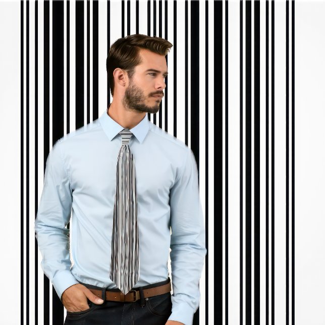 Cravate verticale à barres (noir et blanc) (Man wears a tie with a barcode stripes pattern (black and white vertical stripes.))