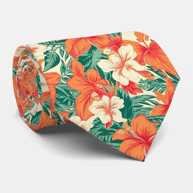 Cravate Vibes hawaïennes fleurs tropicales motif feuilles  (Roulé)