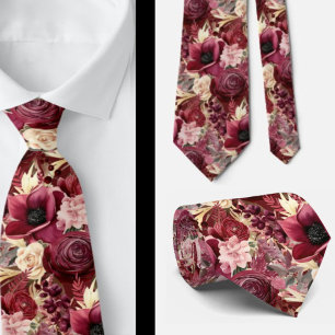 Cravate Vin de Bourgogne Fleurs Bohème Aquarelle