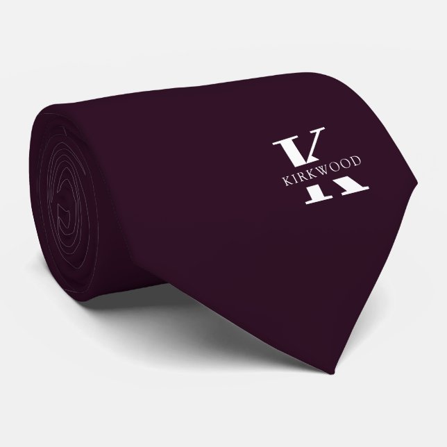 Cravate Vin Violet | Monogramme+Nom Élégant | Recto Simple (Roulé)