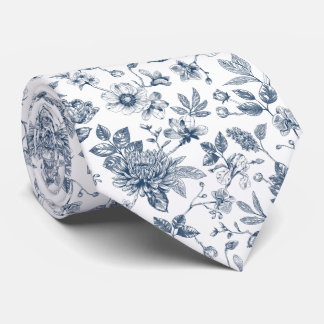 Cravate Vintage Navy Blue Floral Toile-De-Jouy Pattern