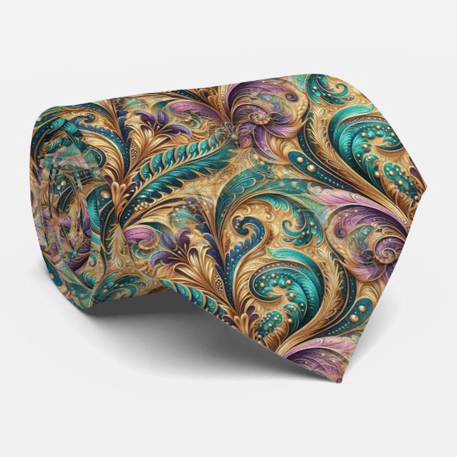 Cravate Violet Pourpre Sarcelle Bleu Vert Or Motif Paisley (Roulé)