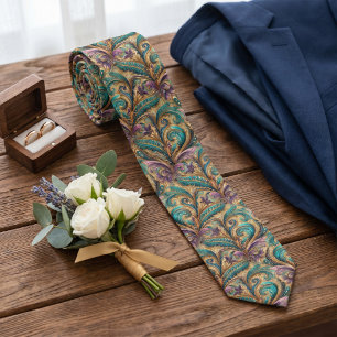 Cravate Violet Pourpre Sarcelle Bleu Vert Or Paisley Motif