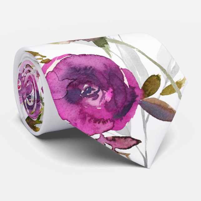 Cravate Violet rose Peony Gris Jardin Mariage (Roulé)