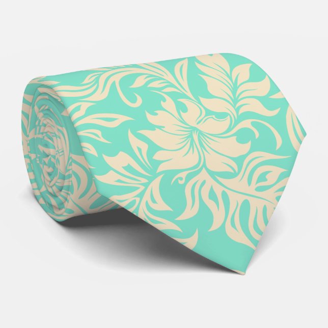 Cravate Waikiki Hibiscus Hawaiian Tropical Mint Green (Roulé)