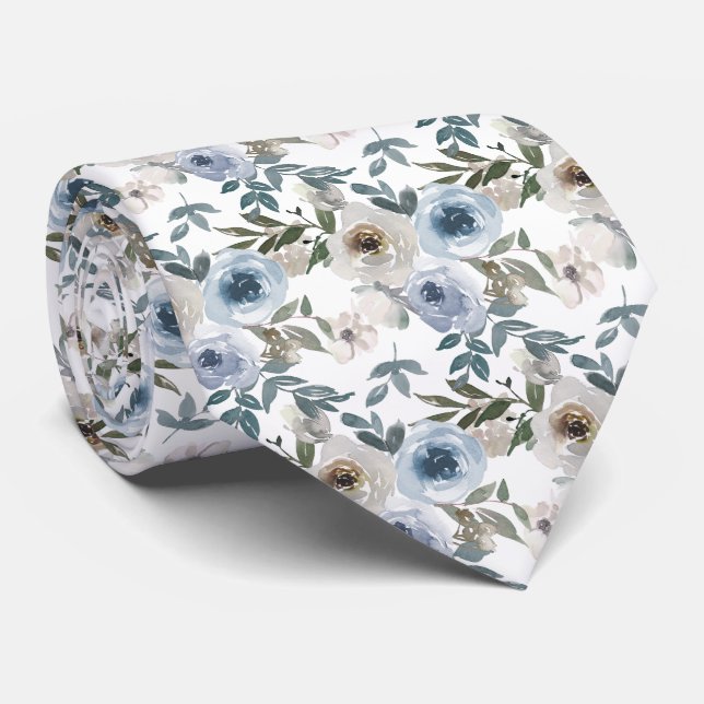 Cravate Watercolor Dusty Blue Floral Wedding  (Roulé)