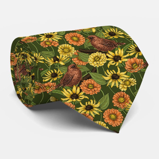 Cravate Wens et fleurs sur vert (Roulé)