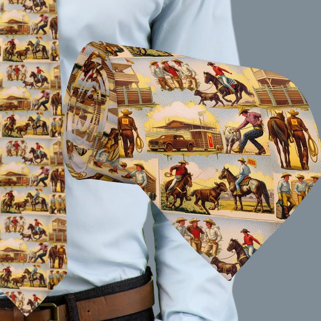 Cravate Western Rodeo Arena Cowboys Roping (Vintage Western Cowboy Rodeo Scenes print on Men's Necktie)