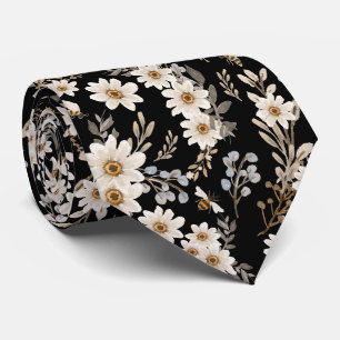 Cravate White Daisies Floral Pattern Black 