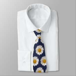 Cravate White Daisies Pattern on Dark Blue Neck Tie