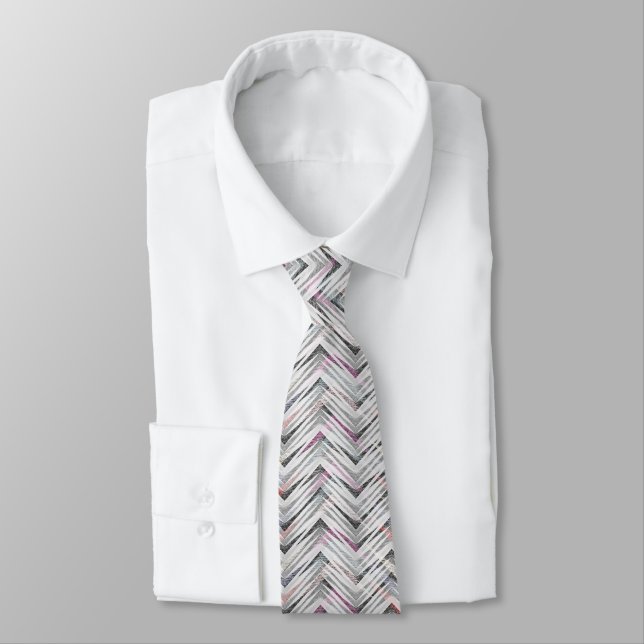 Cravate Zigzag, géométrique, gris, lilas, rose, noir, band (Attaché)
