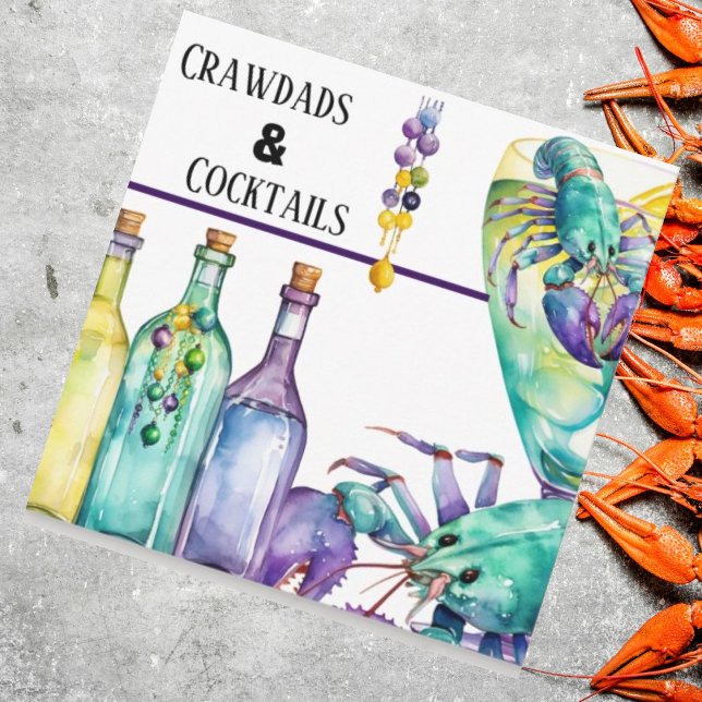 Crawdads Cocktails und Mardi Gras Party Einladung (Beads and crawdads seafood boil party invitations you customize. )