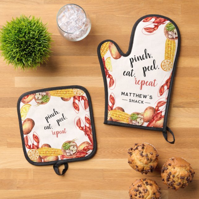 Crawfish Boil Cookie Personalisiert Ofenhandschuh & Topflappen-Set (Oben Unten)