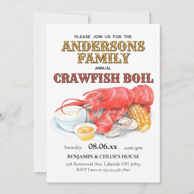 Crawfish Boil Familie Jährliches Meeresfrüchte Coo Einladung (Vorderseite)