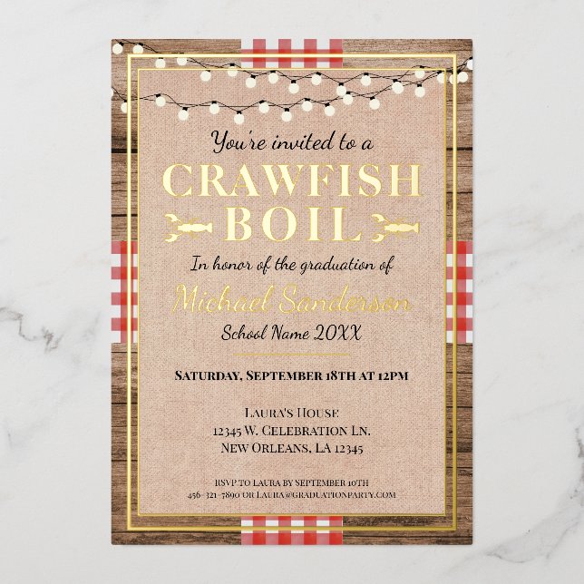 Crawfish Boil Hummer Graduierungsparty Rustikal Folieneinladung (Vorderseite)