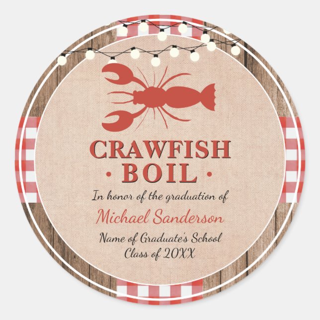 Crawfish Boil Hummer Graduierungsparty Rustikal Runder Aufkleber (Vorderseite)