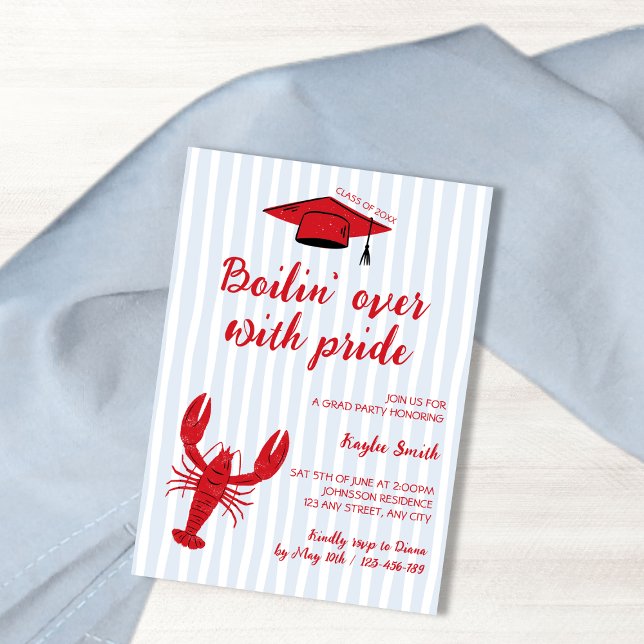 Crawfish Boil Light Blue & Red Doodle Grad Party Einladung (Crawfish Boil Light Blue & Red Doodle Grad Party Invitation)