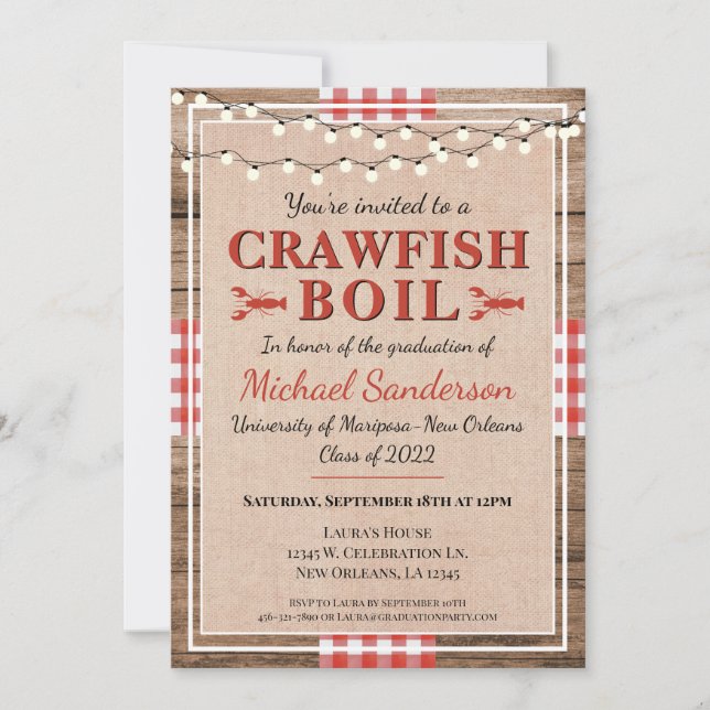 Crawfish Boil Lobster Rustic Graduation Party Einladung (Vorderseite)