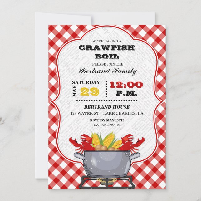 Crawfish Boil Pot Red Checkered Gingham Einladung (Vorderseite)