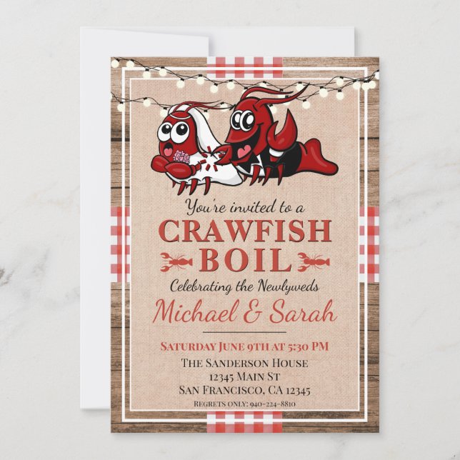 Crawfish Boil Rustic Wood Neu verheiratete Verlobu Einladung (Vorderseite)