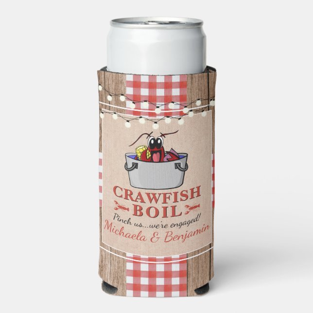 Crawfish Boil Rustikale Paare Engagement Partei Selters Dosenkühler (Seltzer Vorderseite)