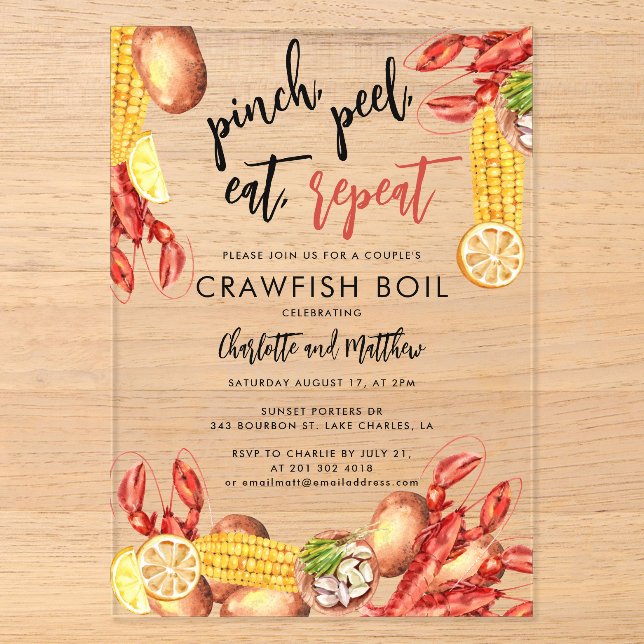 Crawfish Boil Seafood Engagement Party Acryleinladungen (Vorderseite)
