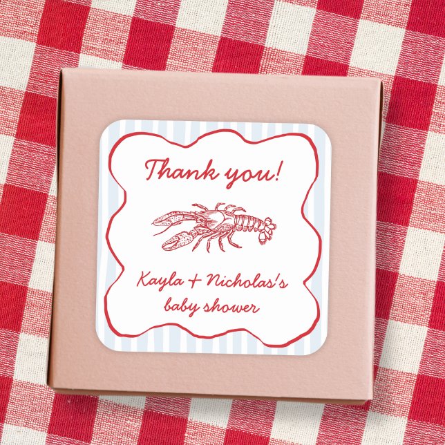 Crawfish Boil Southern Red & Blue Baby Dusche Quadratischer Aufkleber (Crawfish Boil Southern Red & Blue Baby Shower Square Sticker)