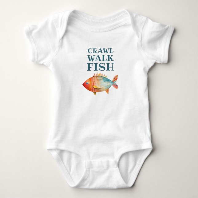 Crawl Walk Fish Funny Aquarell Fischen Baby Strampler (Vorderseite)