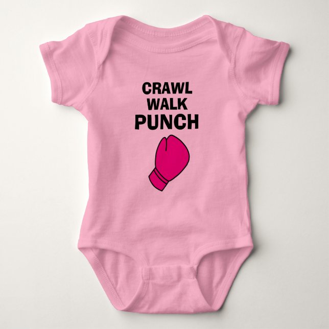 Crawl Walk Punch rosa Boxhandschuh Babybodysuit Baby Strampler (Vorderseite)