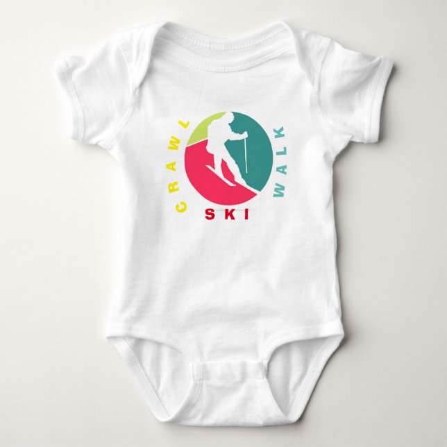 Crawl, Walk, Ski, mädchenhaftes, lustiges Skilaufe Baby Strampler (Vorderseite)