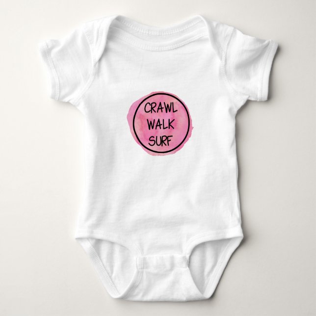 Crawl Walk Surf mit rosa Design Baby Strampler (Vorderseite)