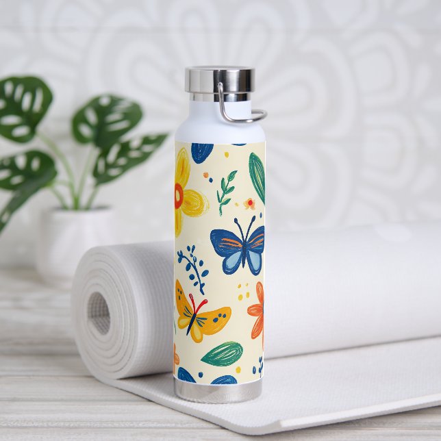 Crayon and Butterfly Flowers Trinkflasche (Yoga)