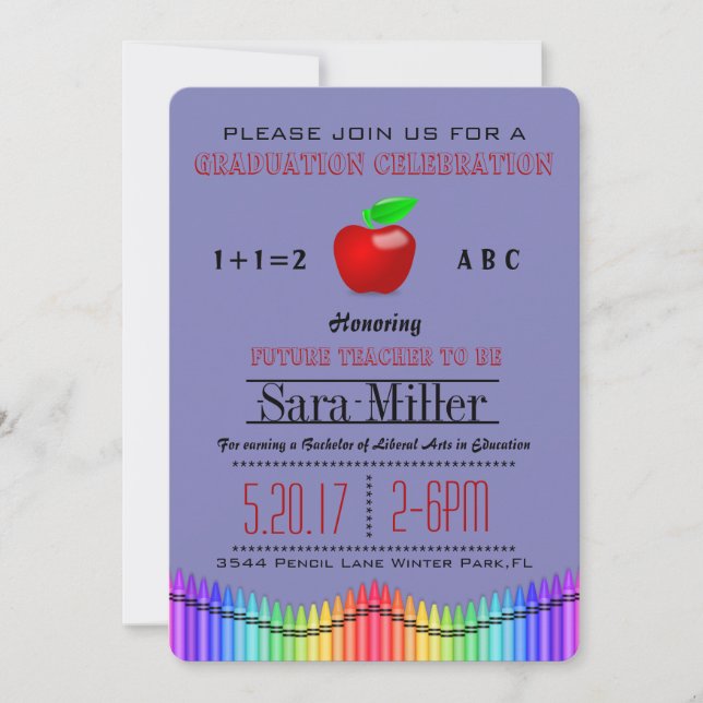 Crayon & Apple Lehrer Abschluss Einladung (Vorderseite)