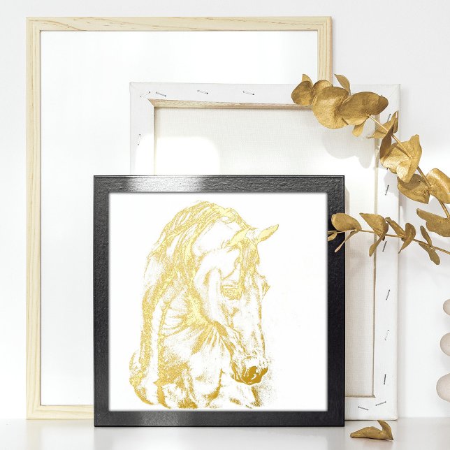 Crayon graphique de l'art du cheval dessin d'or ar (Real gold foil original horse drawing, horse art, gold horse wall decor print.)