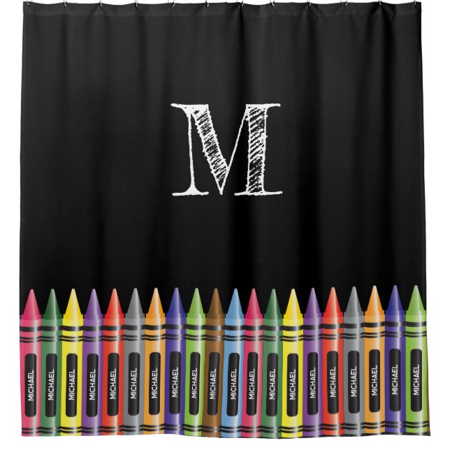 Crayon Kids Black Trendy Pattern Monogram Duschvorhang (Vorderseite)