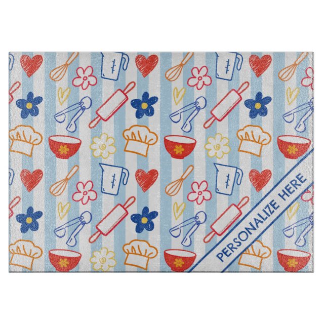 Crayon Kitchen Doodle Retro Cooking Pattern Schneidebrett (Vorderseite)