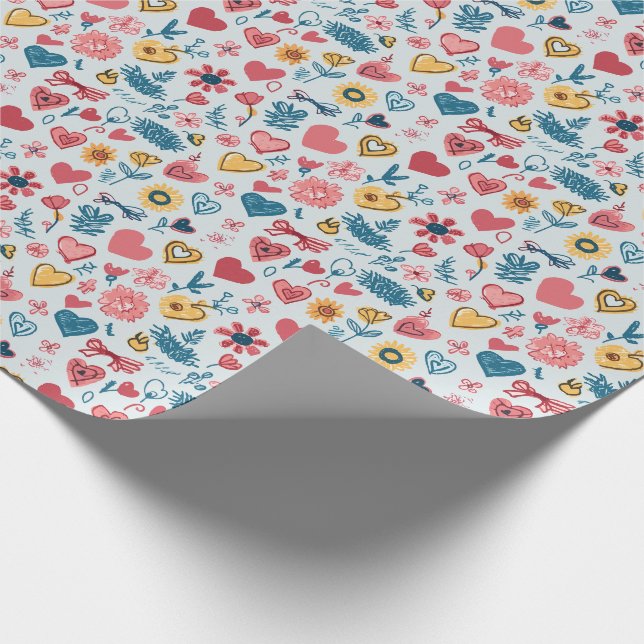 Crayon Pastel Heart & Blume Geschenkpapier (Ecke)