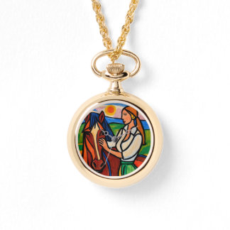 Crayon-Style Woman & Horse Pendant watch  Armbanduhr