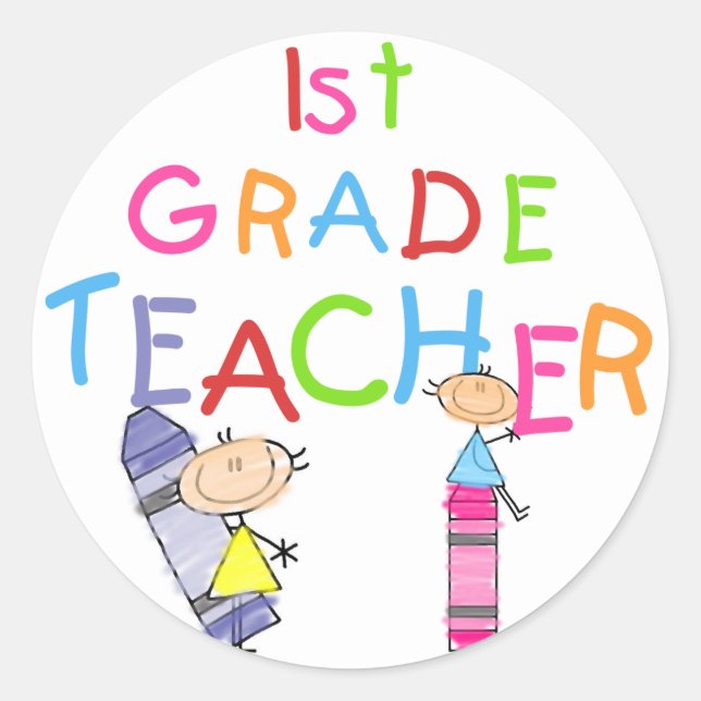 Crayons 1st Grade Teacher Tshirts und Geschenke Runder Aufkleber (Vorderseite)