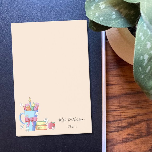 Crayons et livres d'aquarelle Notes post-it de l'e (Cute personalized sticky notes for teachers with white little flowers .)