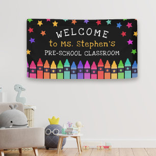 Crayons Stars farbenfrohe Willkommenslehrerin im K Banner