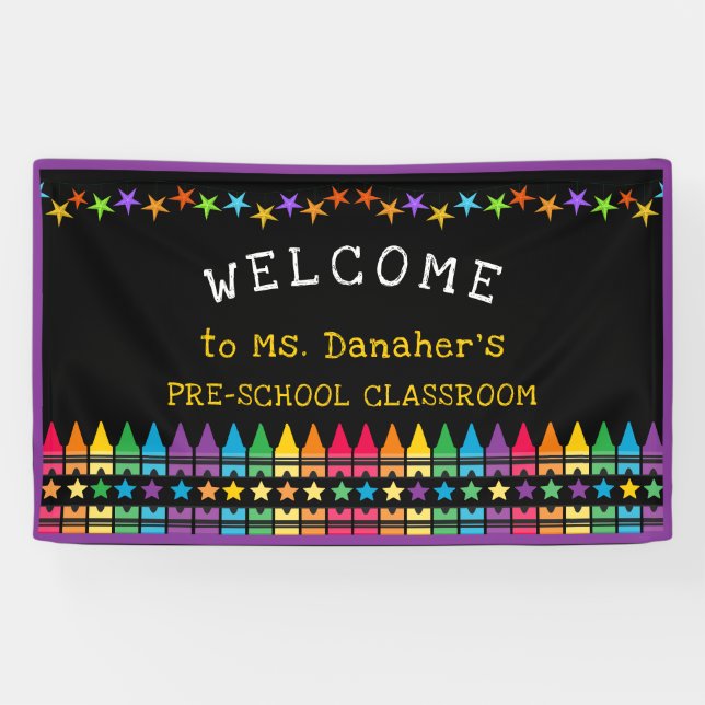 Crayons Stars farbenfrohe Willkommenslehrerin im K Banner (Horizontal)