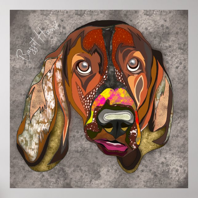 Crazy Basset Hound Hund handgemalt Poster (Vorne)