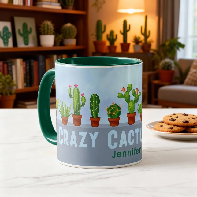Crazy Cactus Lady Mug avec nom personnalisé (Crazy cactus lady coffee mug. Fun personalized gift for a cactus lover and collector.)