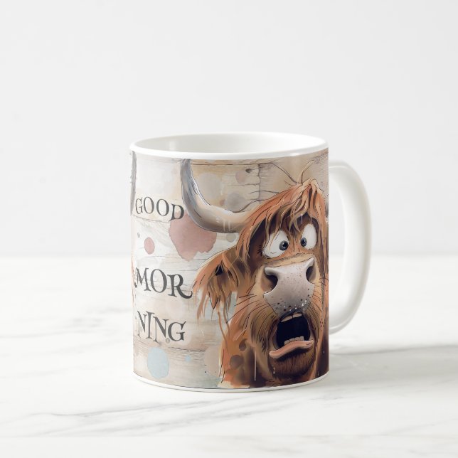 Crazy Cartoon Highland Cow Kaffeetasse (VorderseiteRechts)