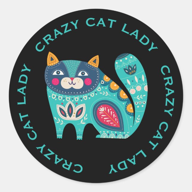 Crazy Cat Lady, farbenfrohe, stilisierte Katze Runder Aufkleber (Vorderseite)