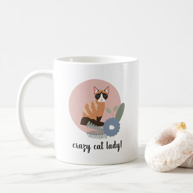 Crazy Cat Lady Floral Cat Illustration Kaffeetasse (Mit Donut)